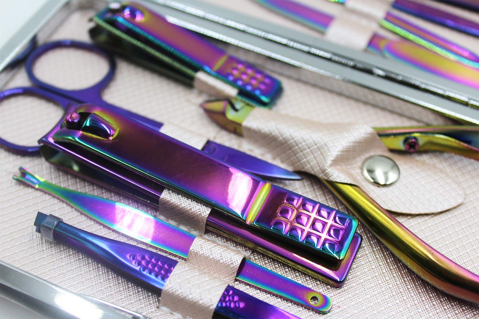 Professional Stainless Steel Chameleon Nail Clipper Travel & Grooming Kit Nail Tools Manicure & Pedicure Set of 15pcs with Luxurious Case(Purple)